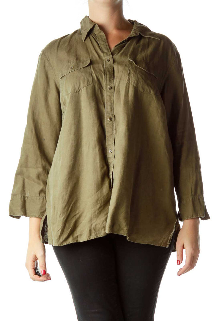 Green Buttoned Collared Linen Shirt