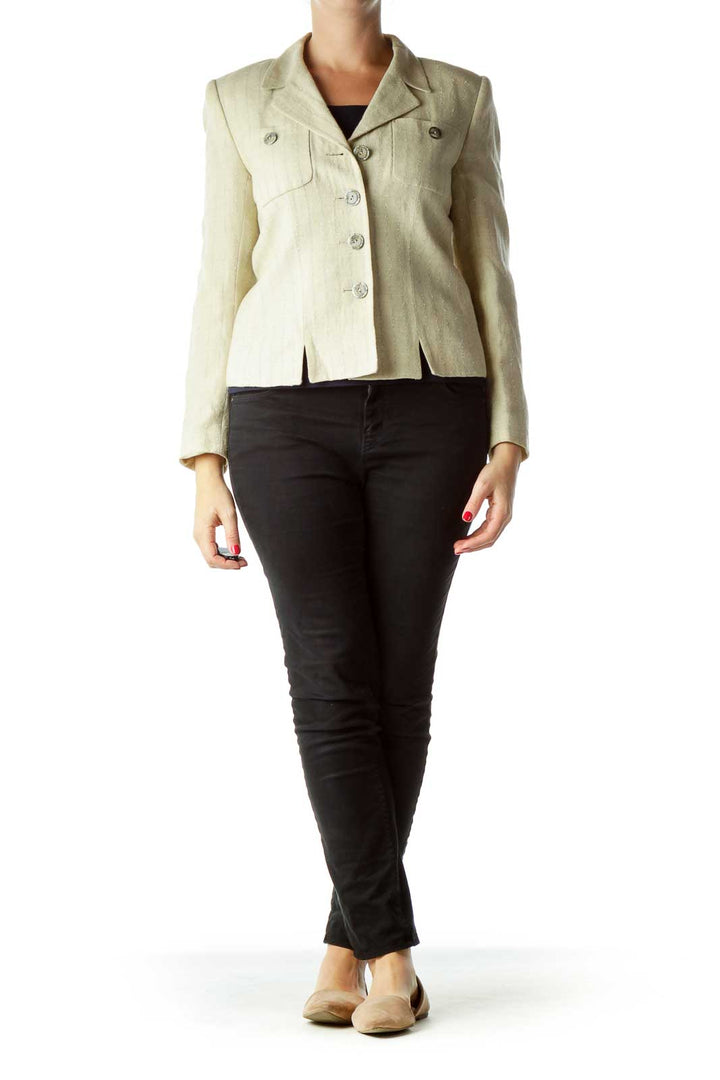 Beige Pinstripe Buttoned Blazer