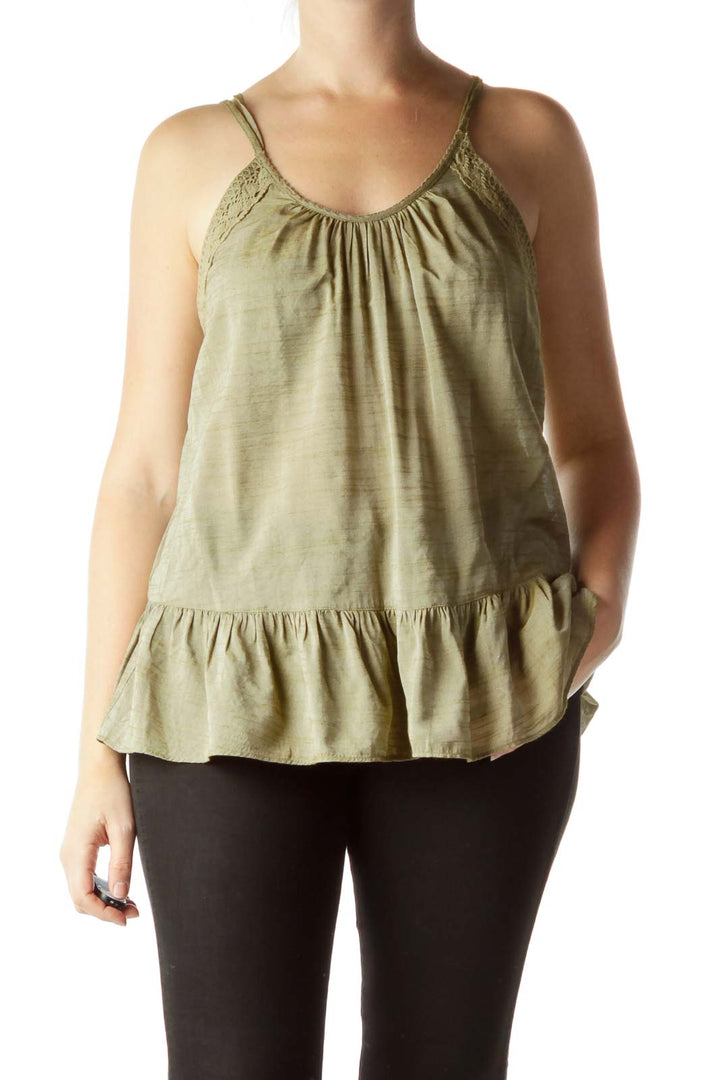 Green Spaghetti-Strap Flared Knit Top