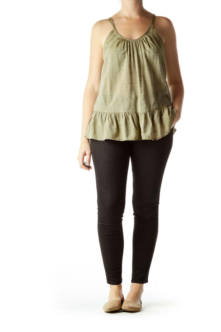 Green Spaghetti-Strap Flared Knit Top