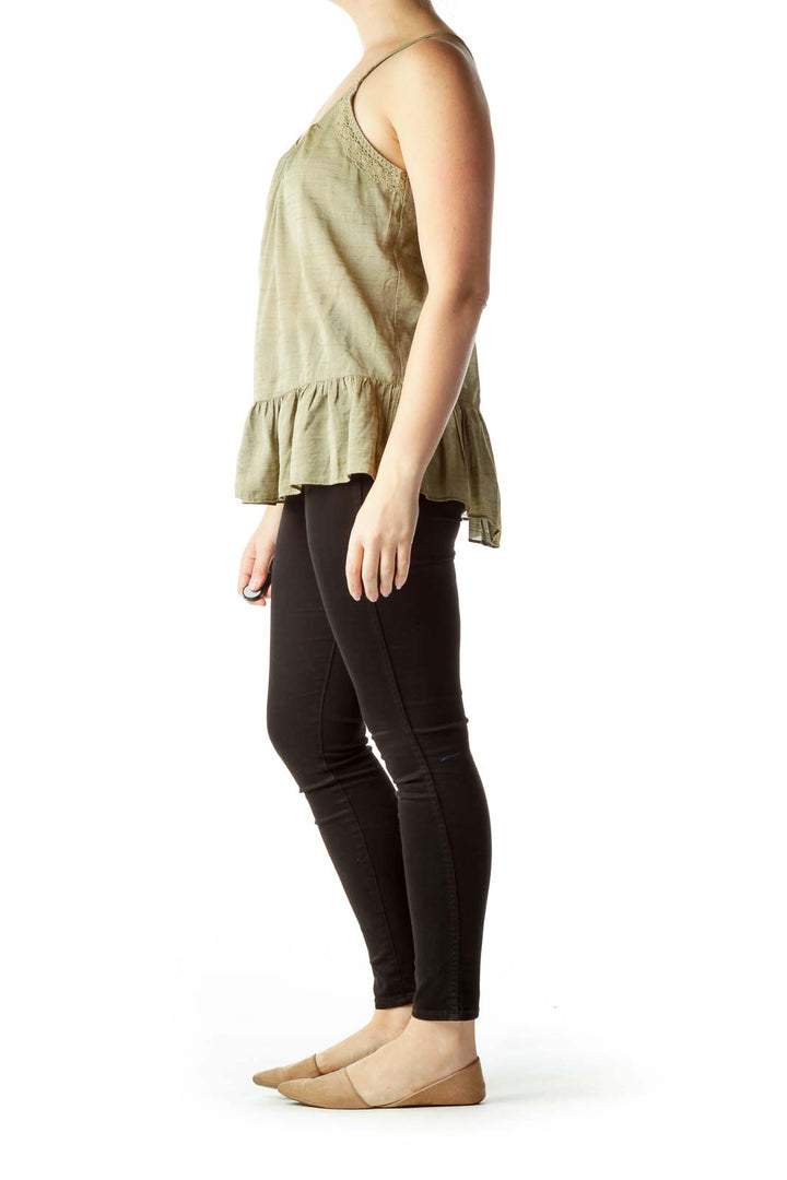 Green Spaghetti-Strap Flared Knit Top