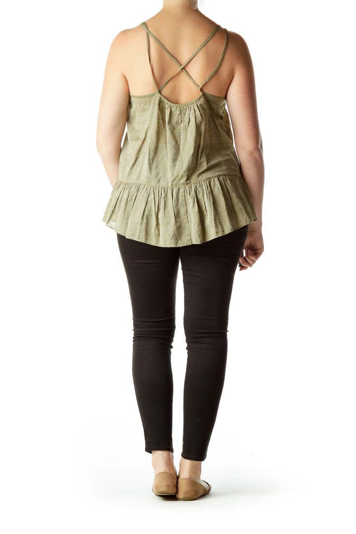 Green Spaghetti-Strap Flared Knit Top