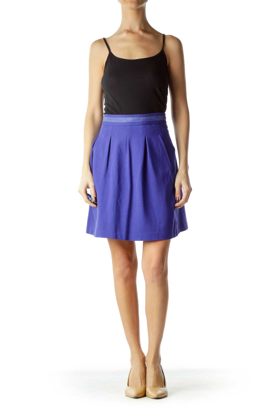 Blue Pocketed Pleated Mini Skirt