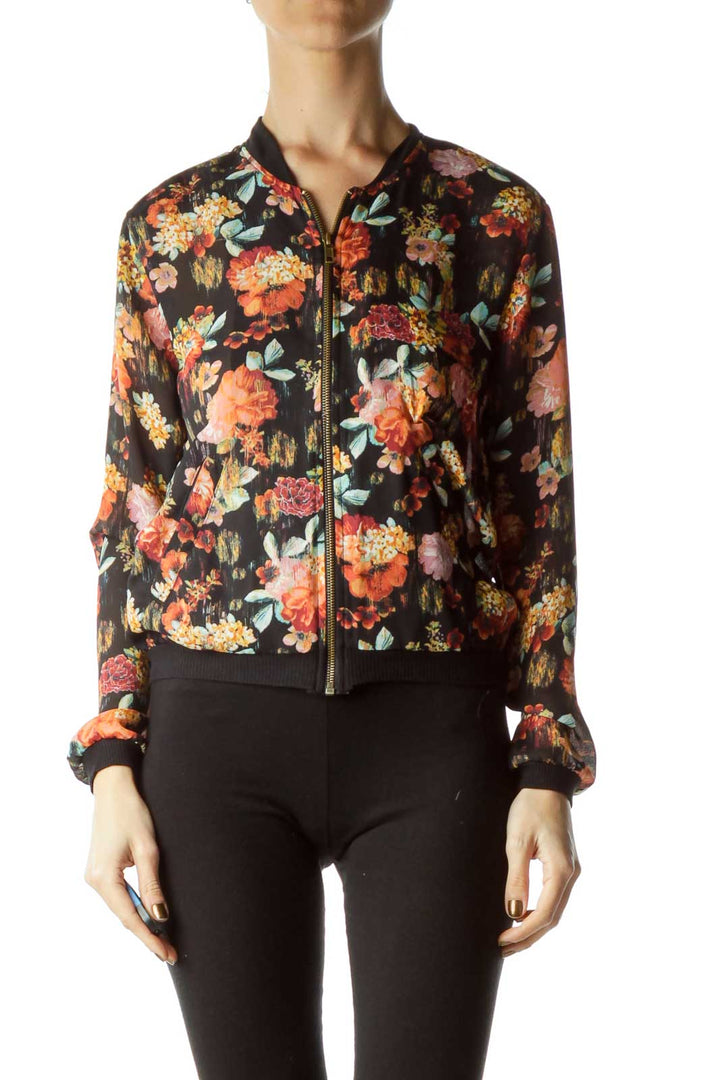 Black Multicolor Floral Sheer Bomber Jacket