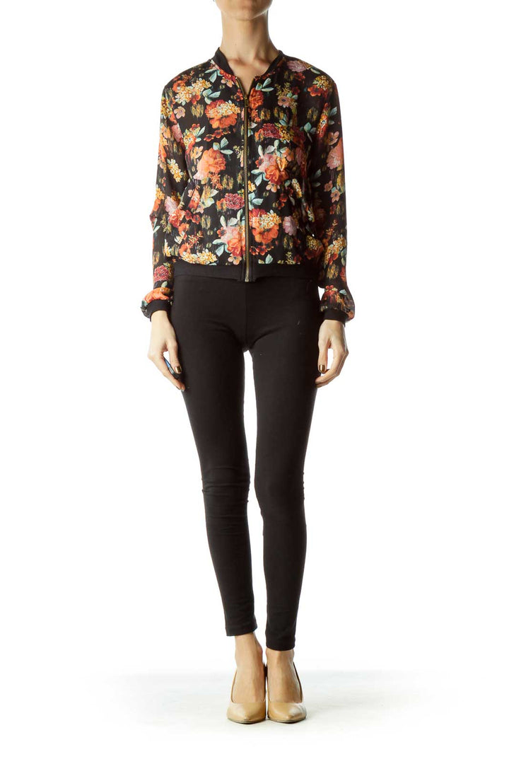 Black Multicolor Floral Sheer Bomber Jacket