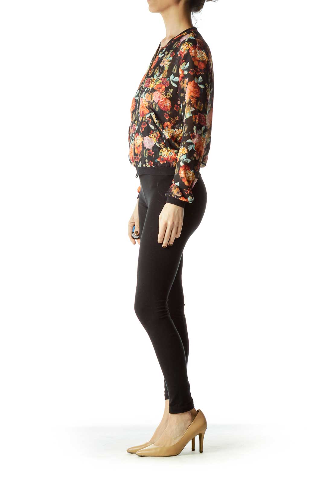 Black Multicolor Floral Sheer Bomber Jacket