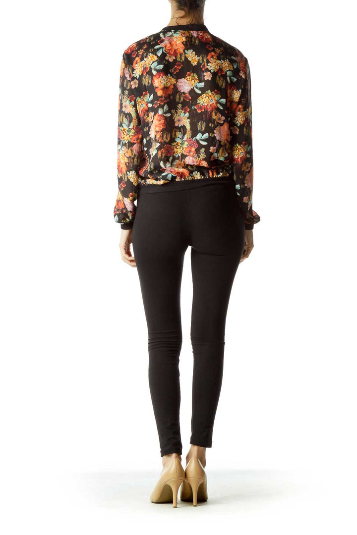 Black Multicolor Floral Sheer Bomber Jacket