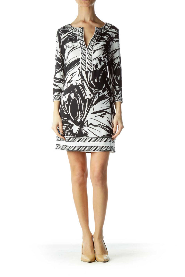 Black Cream Leaf Print Shift Dress