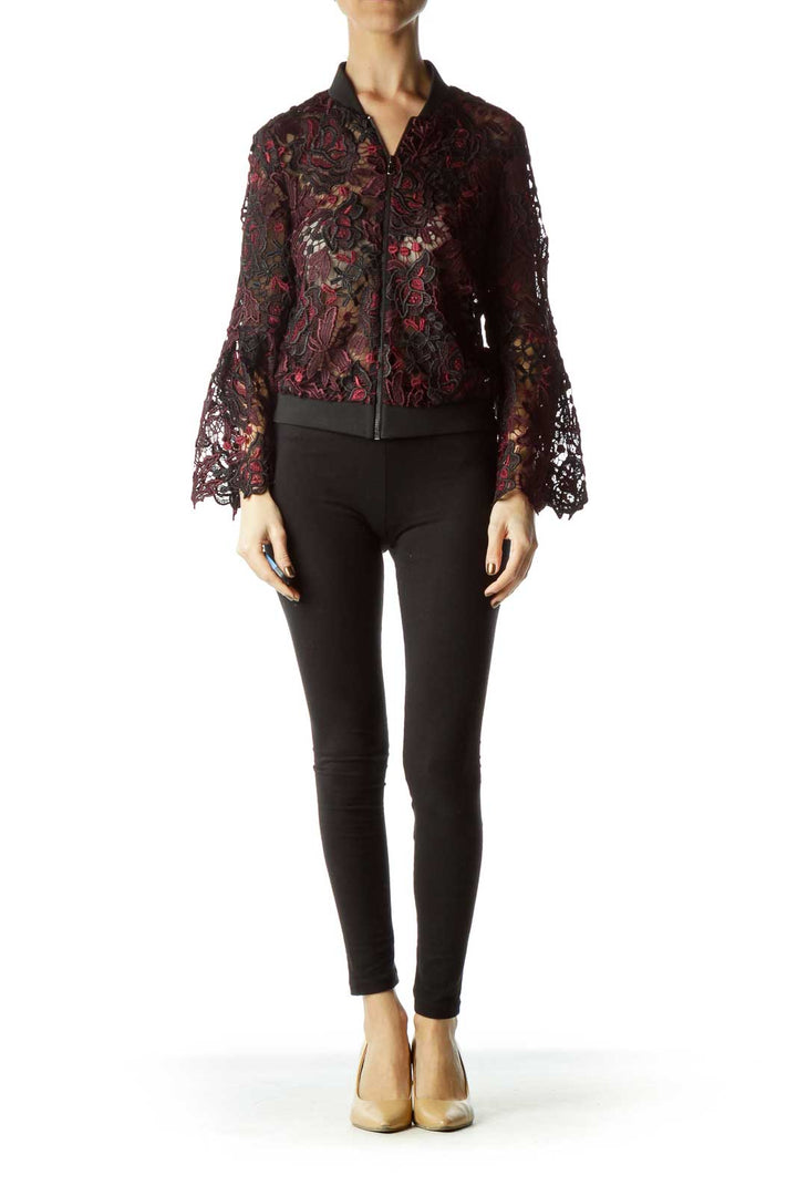 Dark Red Black Lace Flower Bomber Jacket