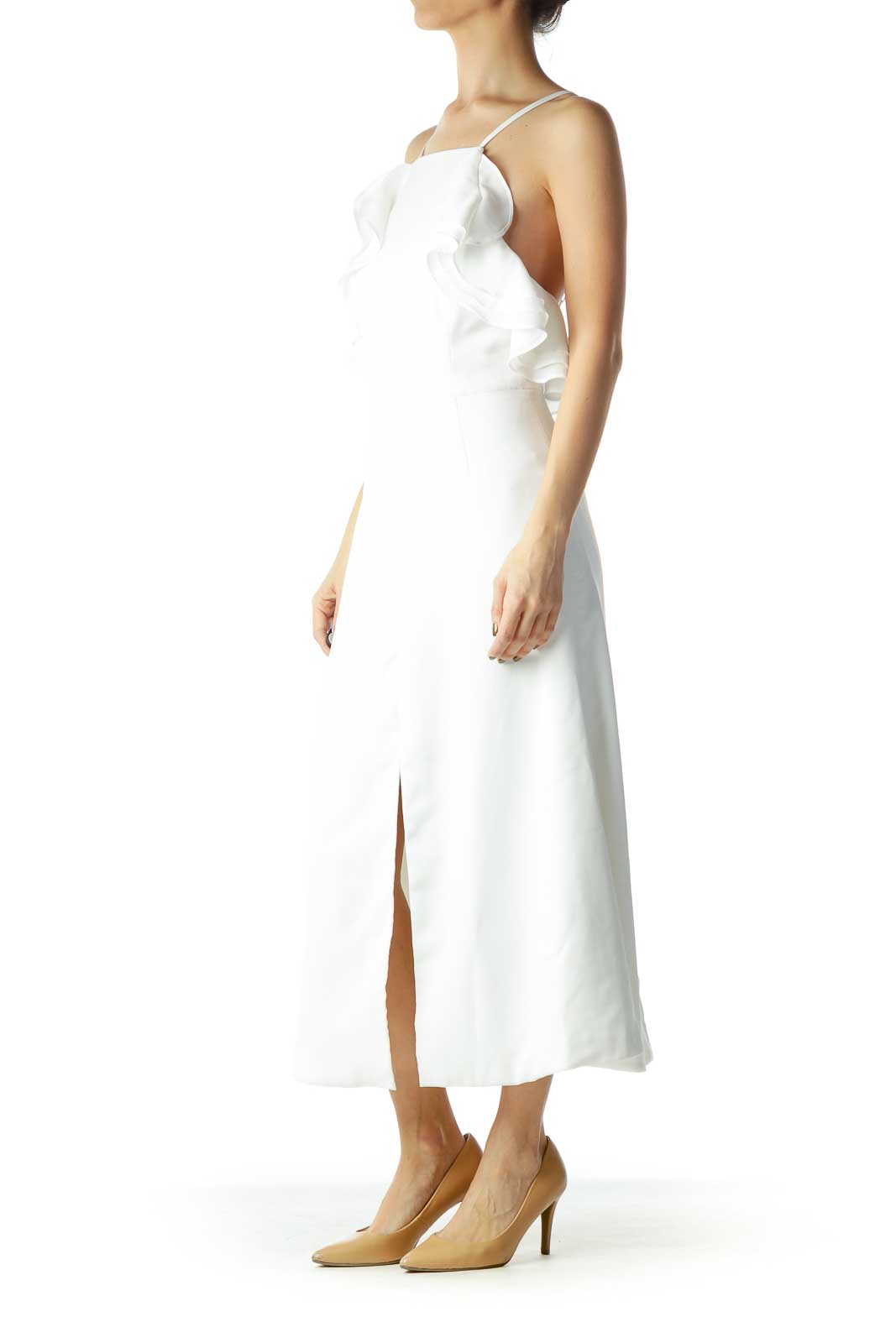 White Spaghetti Strap Ruffle Dress with Slit