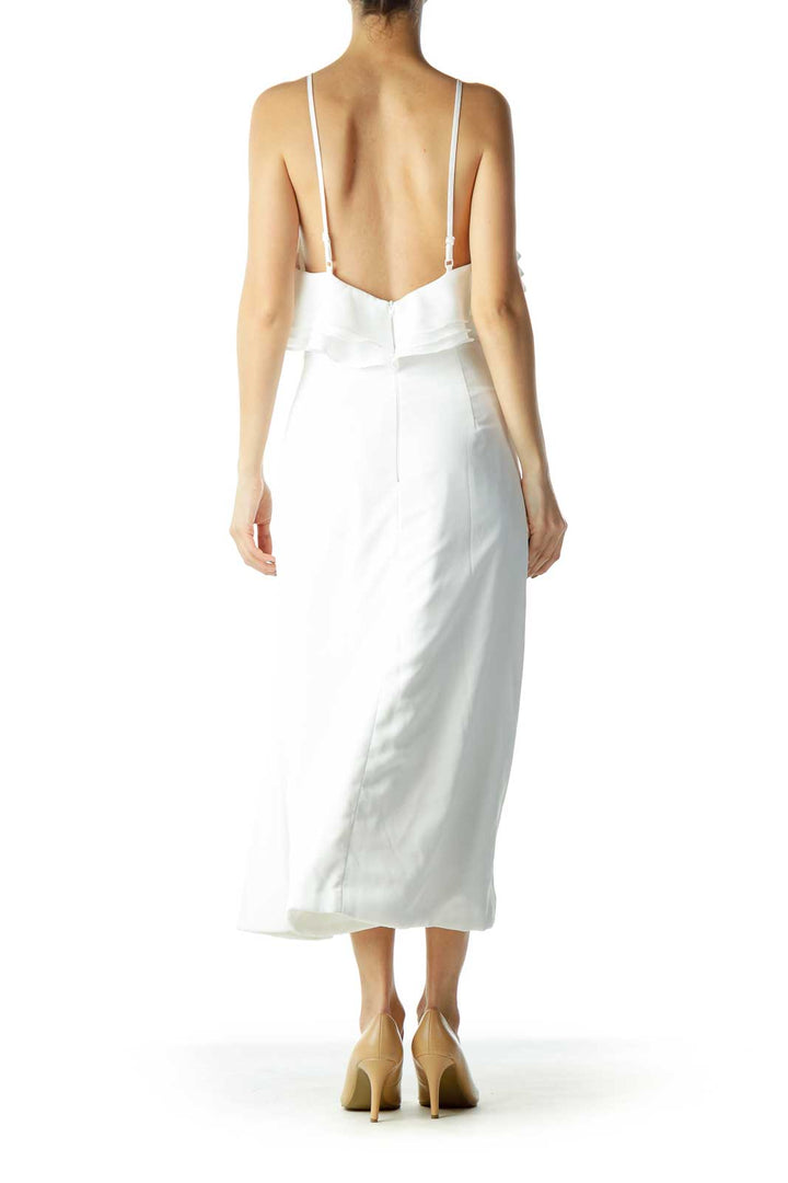 White Spaghetti Strap Ruffle Dress with Slit