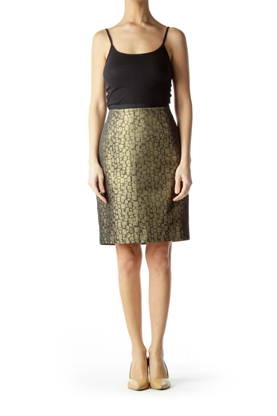 Gold Black Metallic A-Line Skirt with Pockets