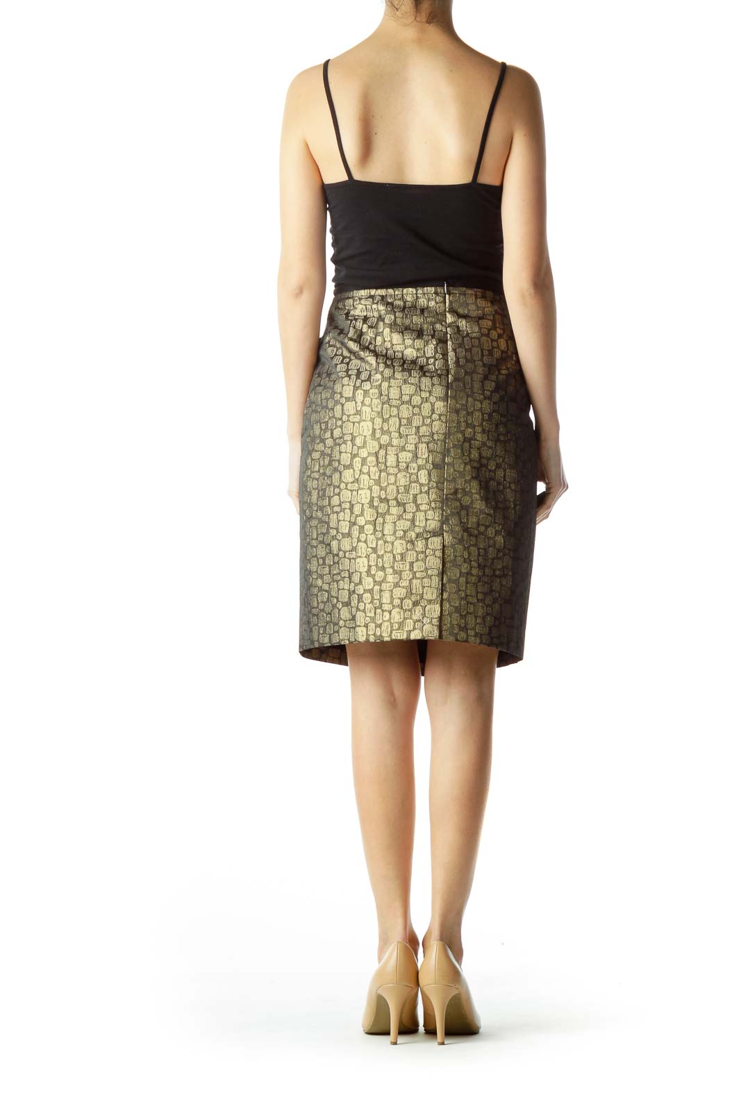 Gold Black Metallic A-Line Skirt with Pockets