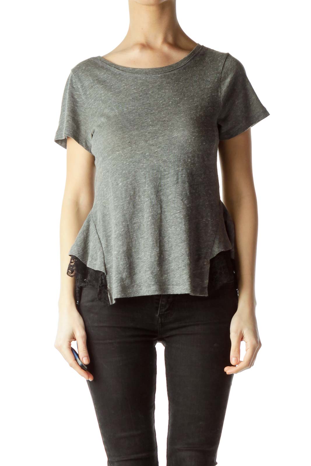 Front view of gray Free People peplum t-shirt with black lace trim