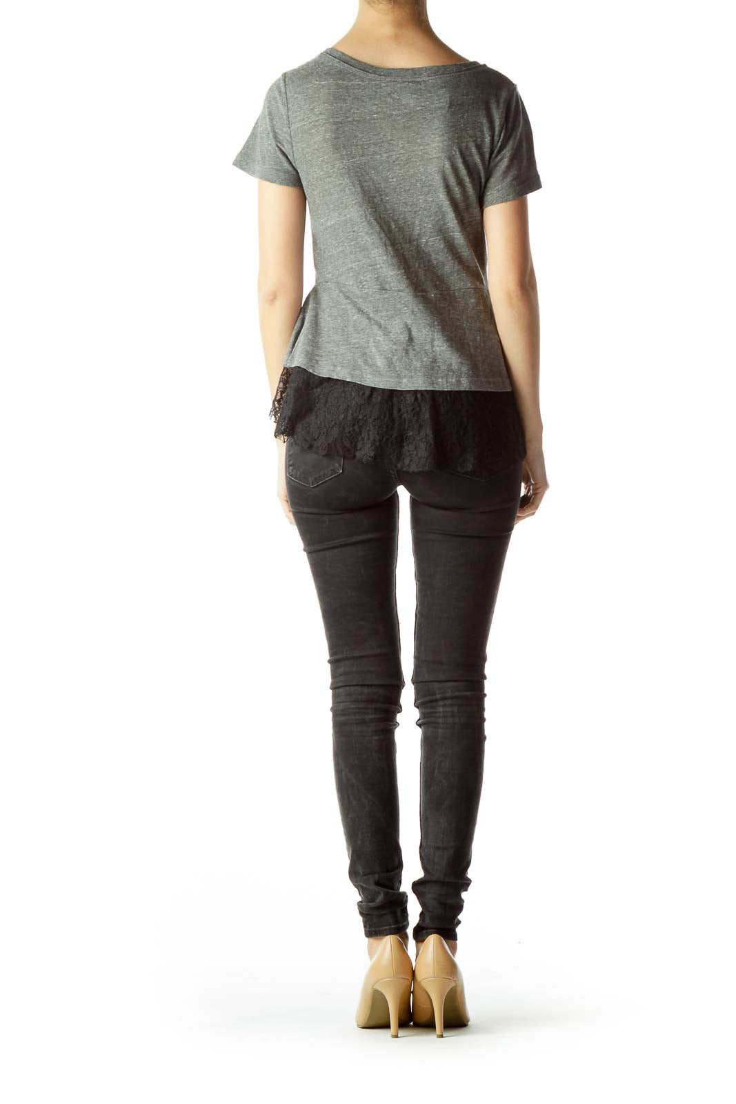 Back view of gray Free People peplum t-shirt showing lace trim detail