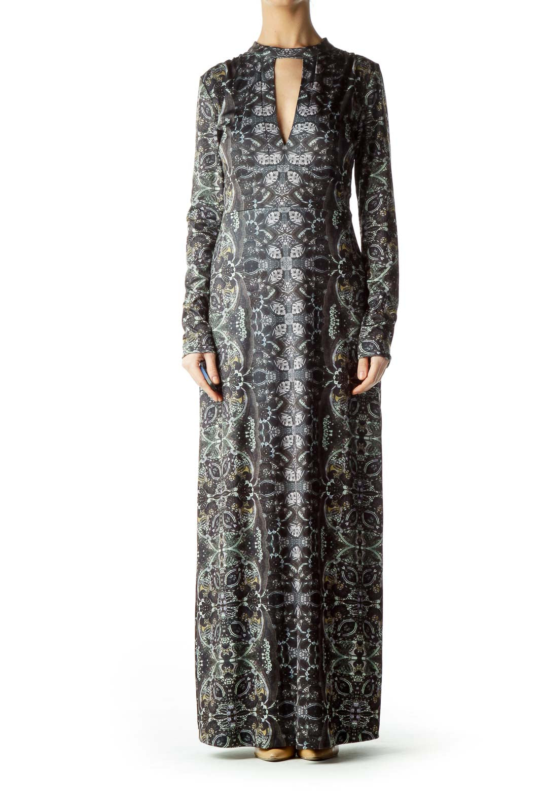 Front view of Free People black floral printed maxi dress with keyhole neckline