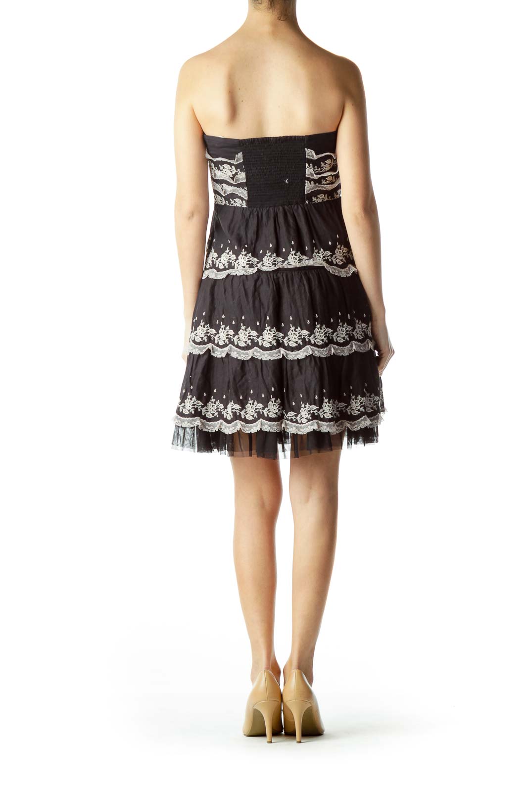 Back view of black strapless lace tiered dress by Free People