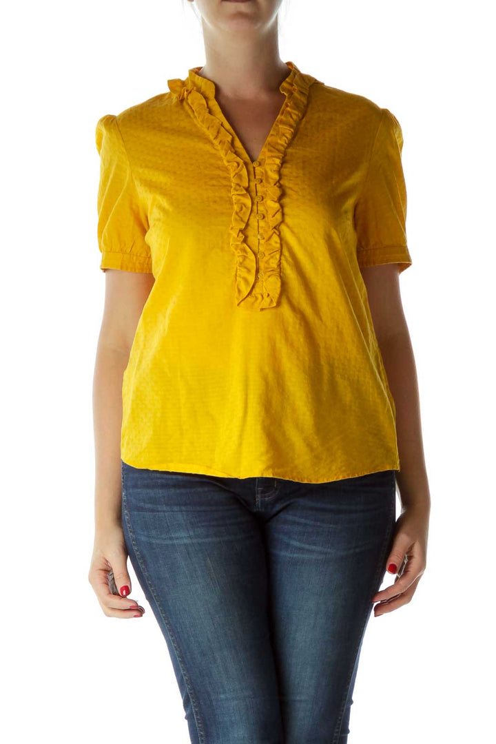 Yellow Buttoned Ruffled Short-Sleeve Blouse