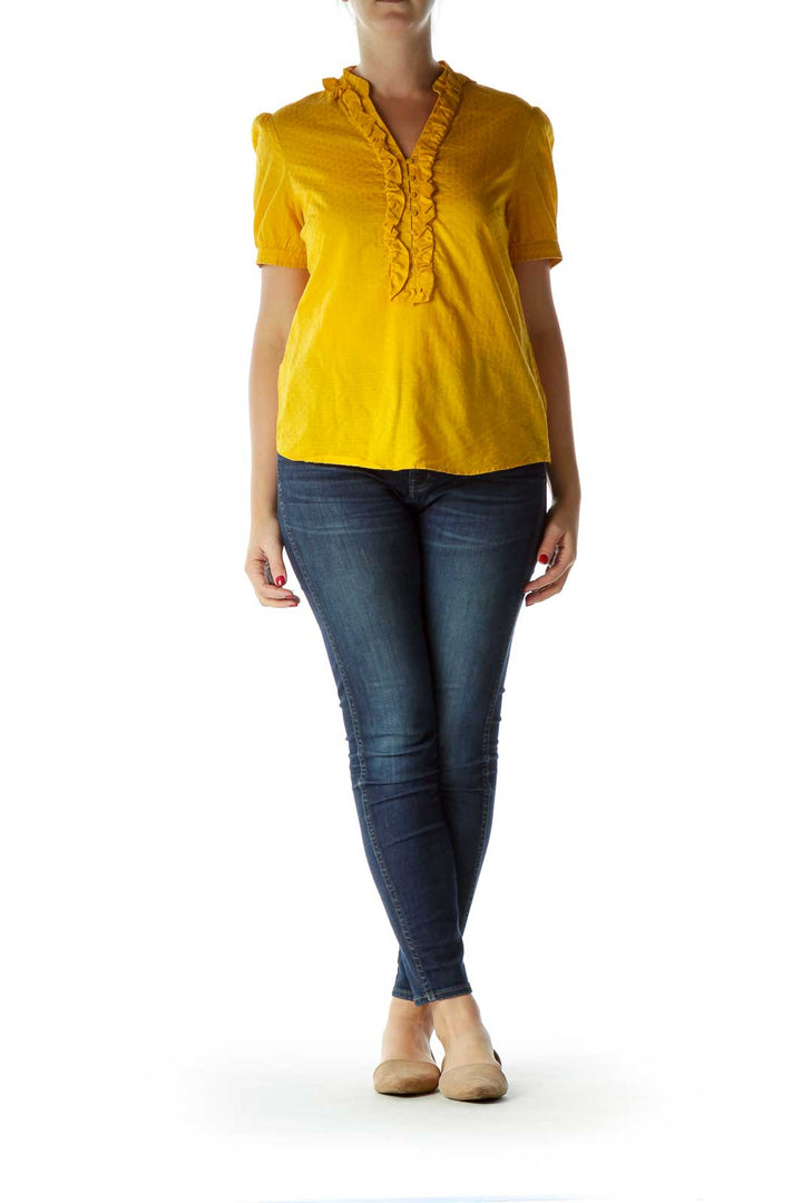 Yellow Buttoned Ruffled Short-Sleeve Blouse