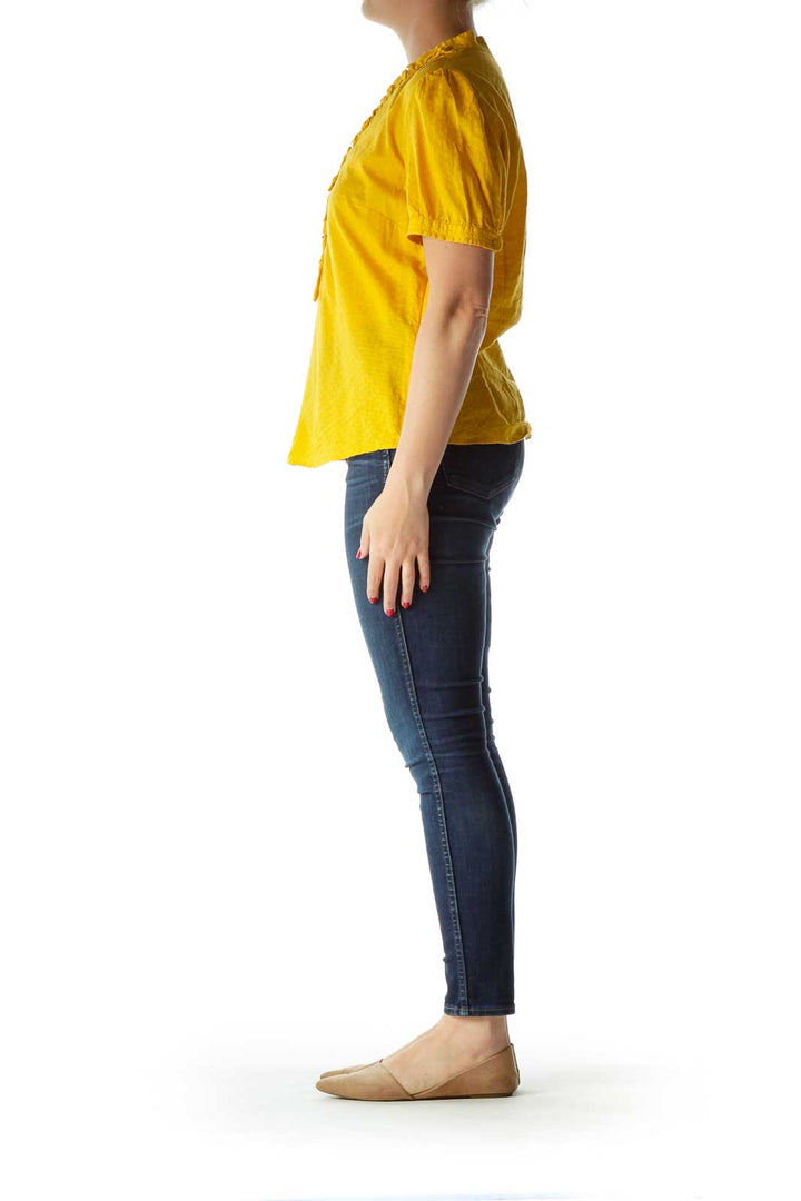 Yellow Buttoned Ruffled Short-Sleeve Blouse