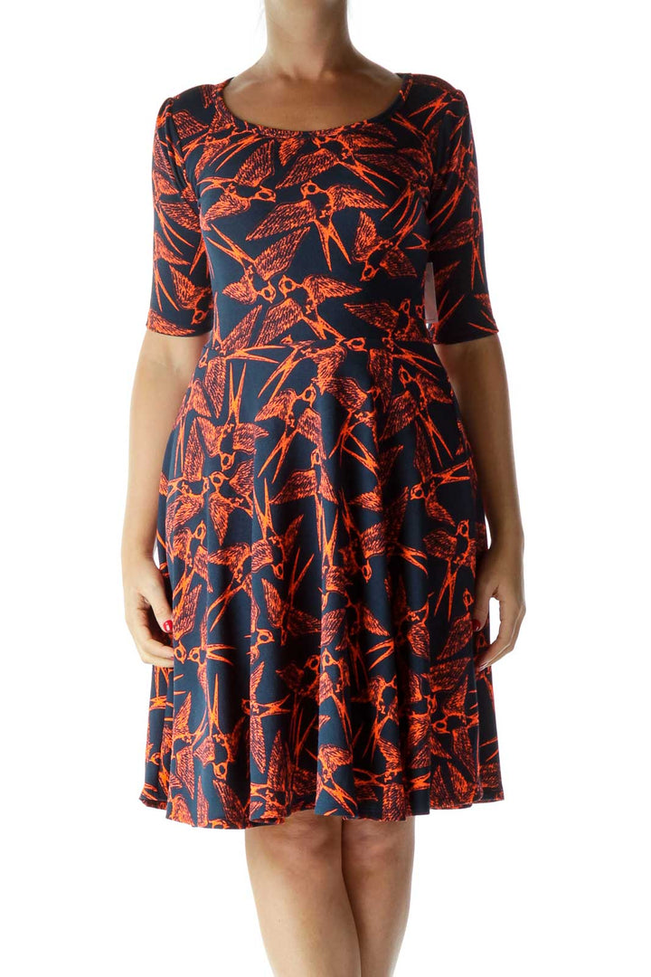 Blue Orange Bird Print 3/4 Sleeve Day Dress