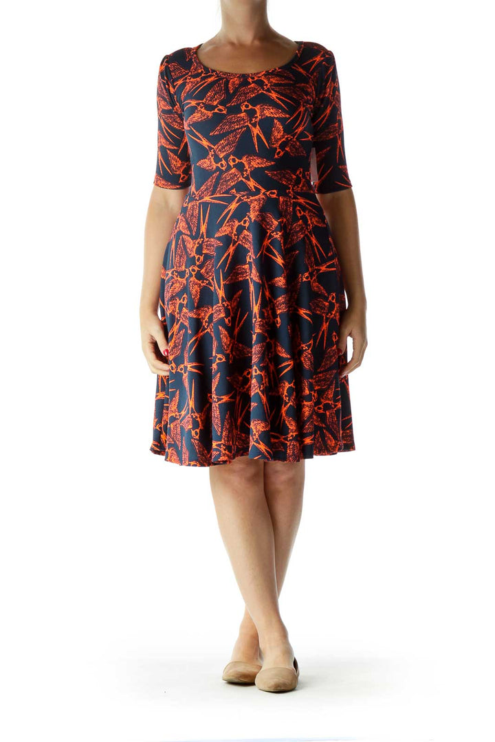 Blue Orange Bird Print 3/4 Sleeve Day Dress