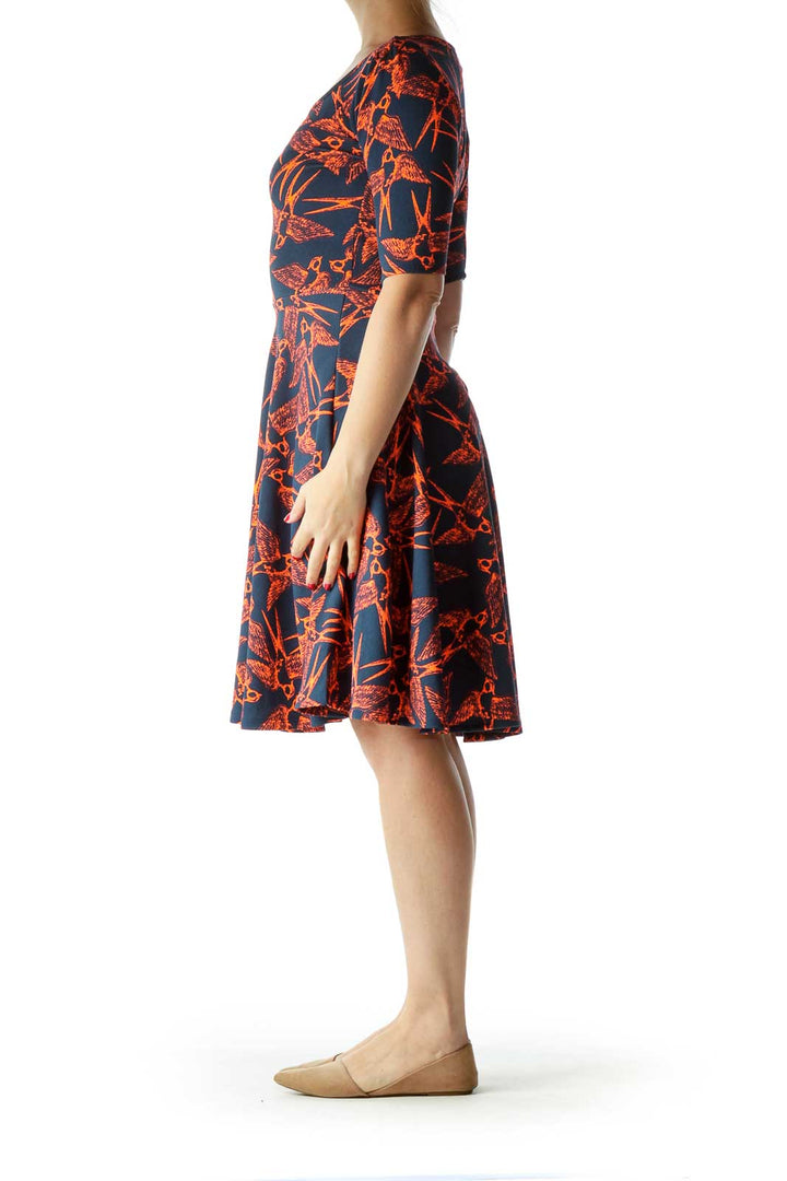 Blue Orange Bird Print 3/4 Sleeve Day Dress