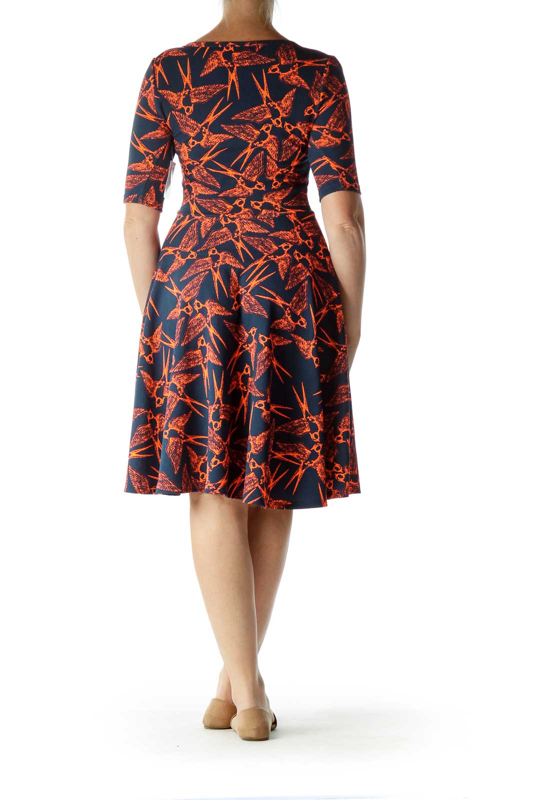 Blue Orange Bird Print 3/4 Sleeve Day Dress