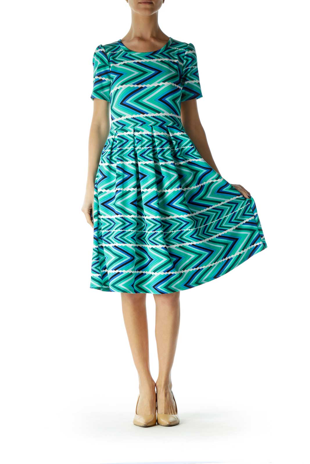 Green Empire Waist Printed Day Dress