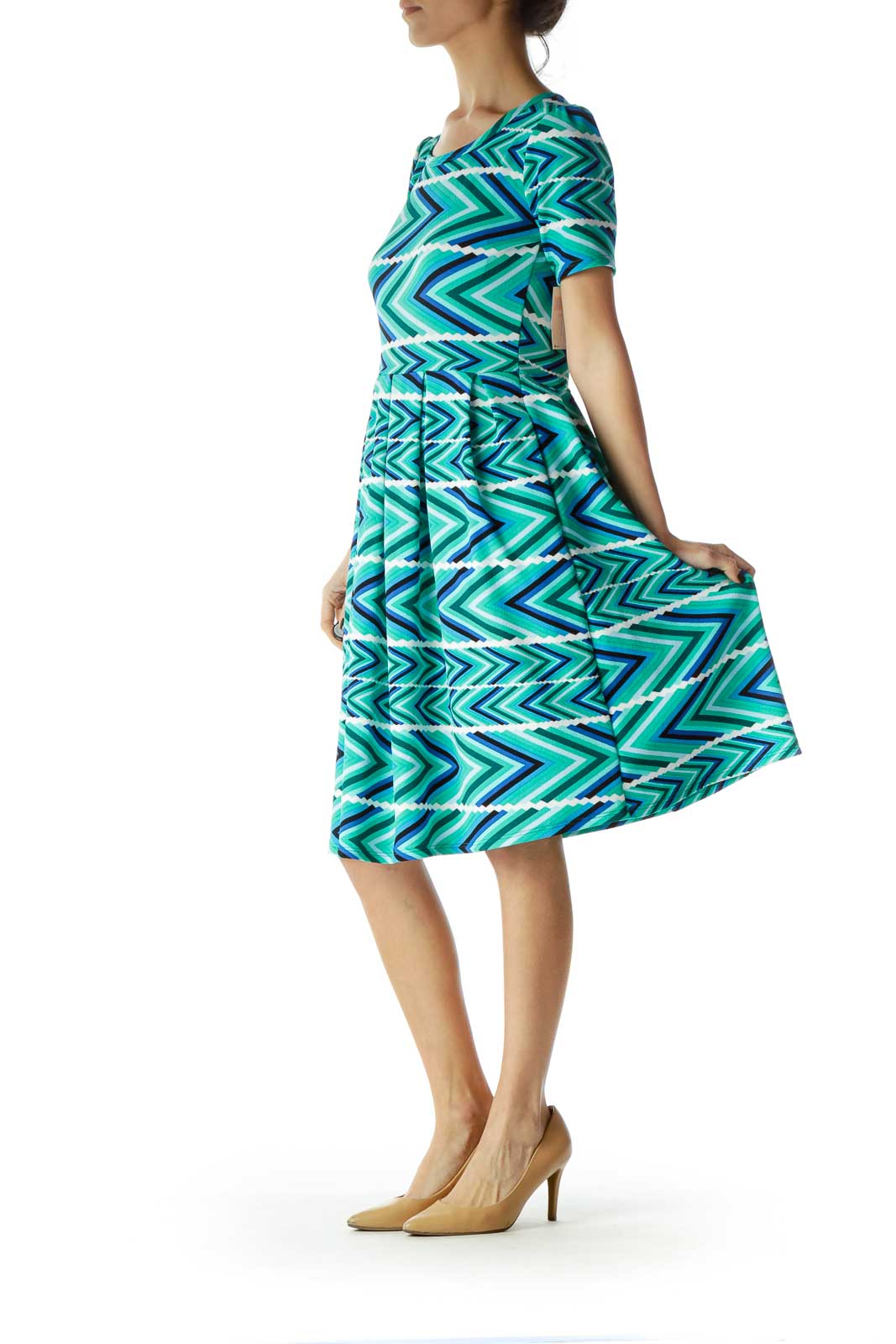 Green Empire Waist Printed Day Dress