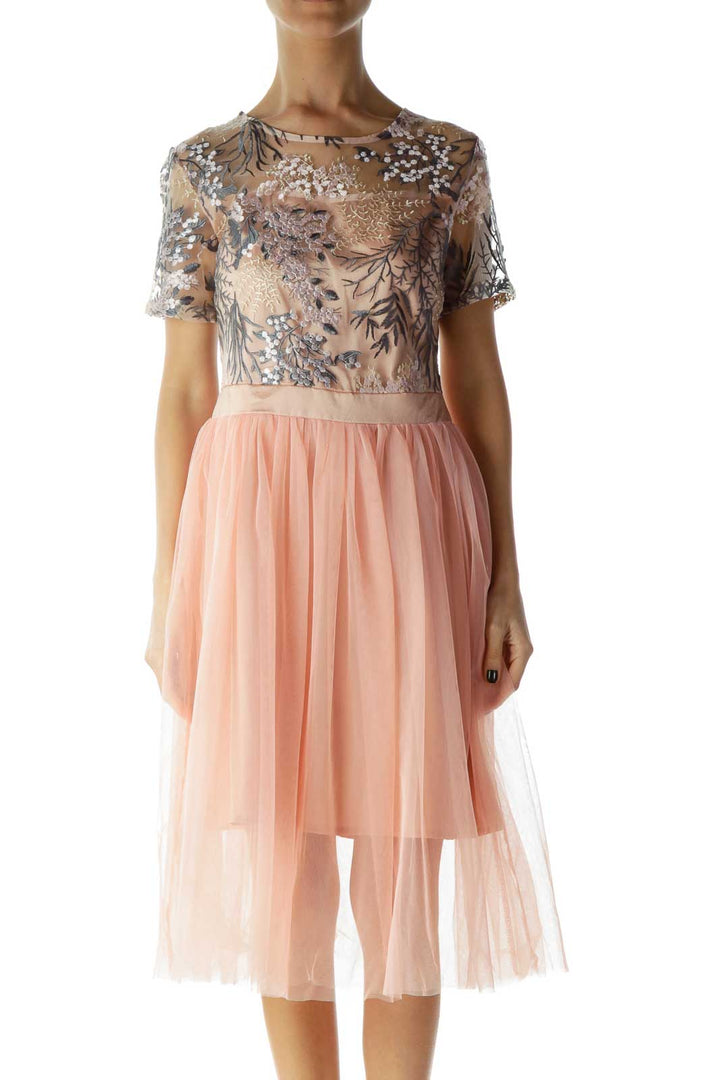 Pink Embroidered Tulle Dress