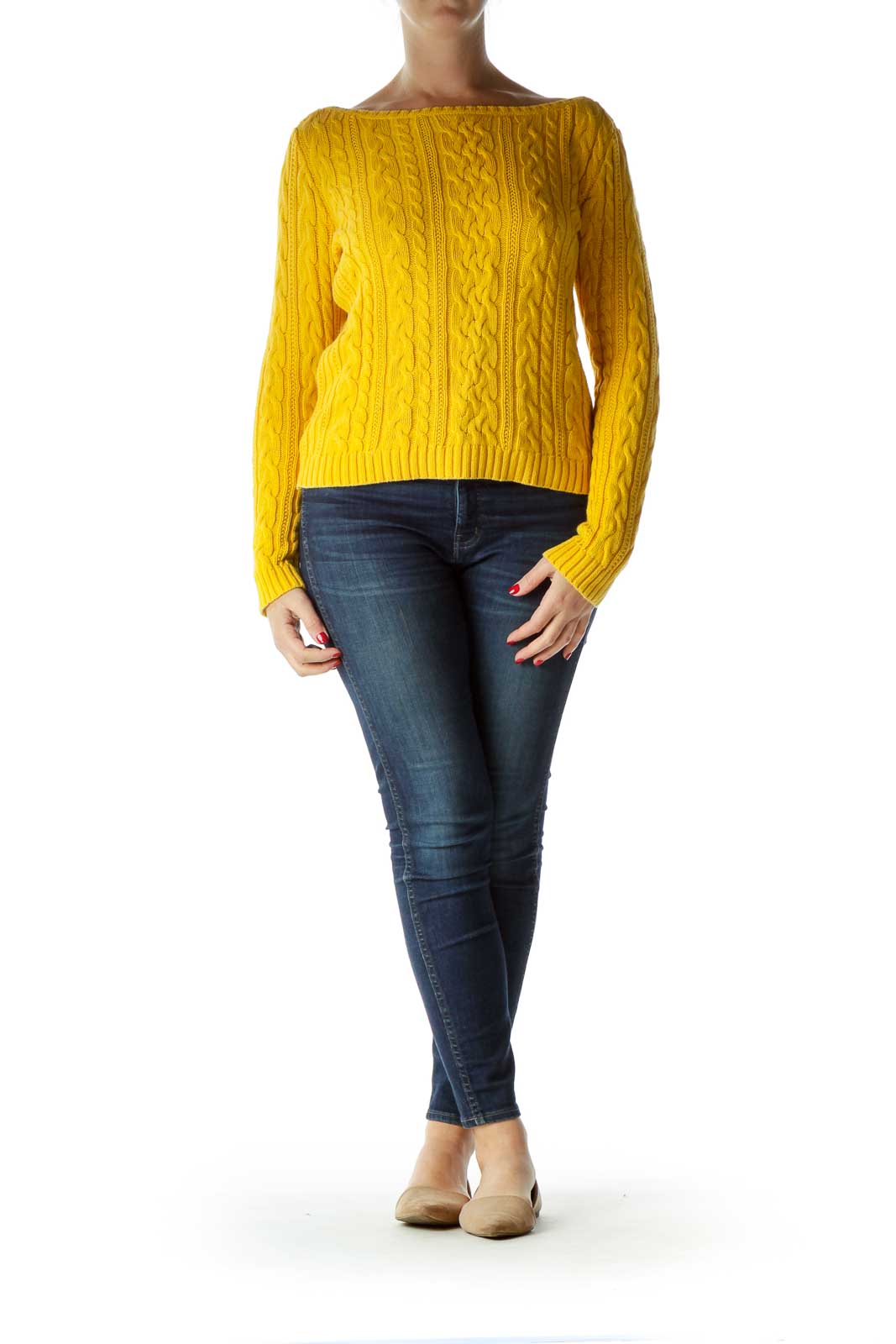 Yellow Round Neck Cable Knit Sweater