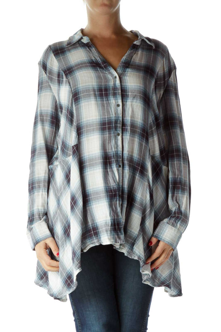 Blue White Plaid Long-sleeve Shirt