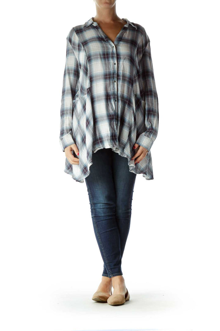 Blue White Plaid Long-sleeve Shirt