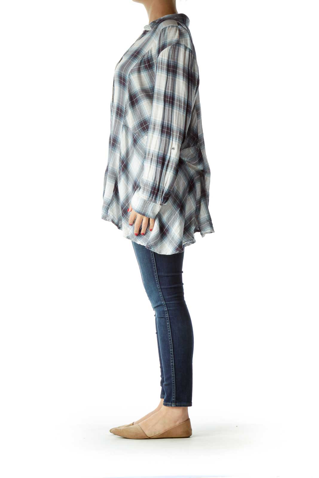 Blue White Plaid Long-sleeve Shirt