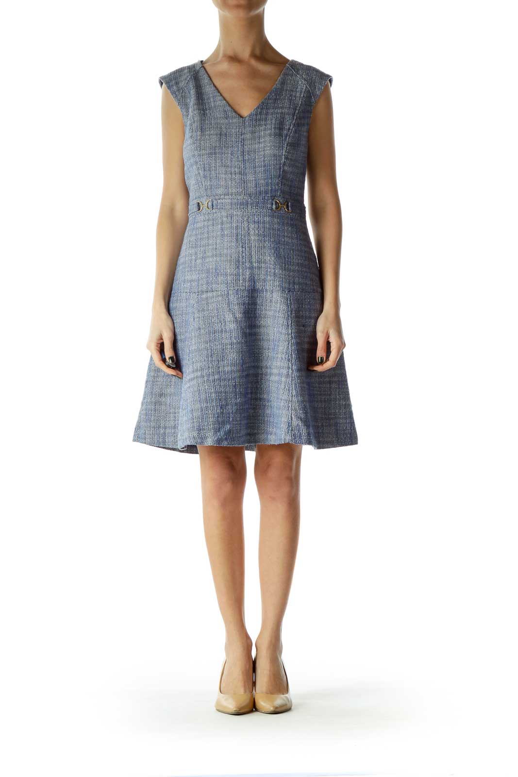 Blue Tweed A-Line Work Dress