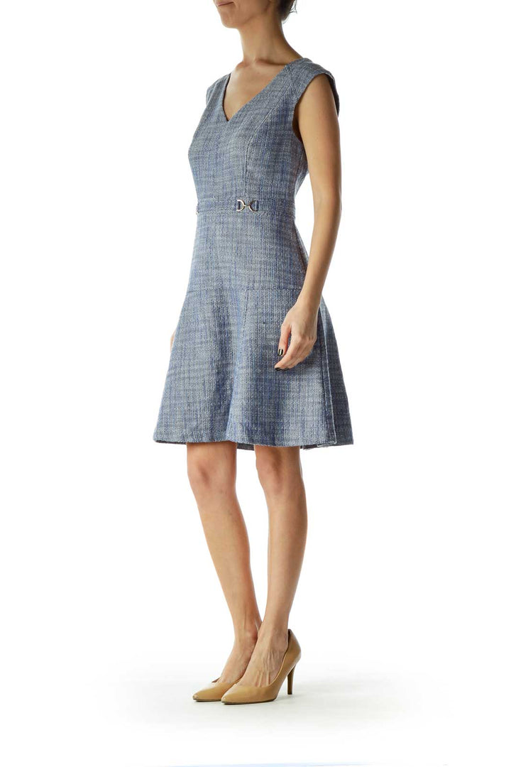 Blue Tweed A-Line Work Dress