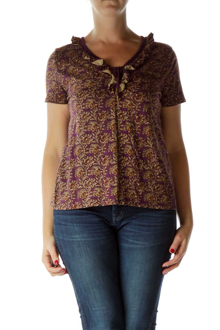 Purple Print Stringed Short Sleeve Blouse