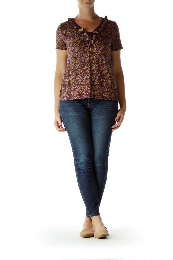 Purple Print Stringed Short Sleeve Blouse