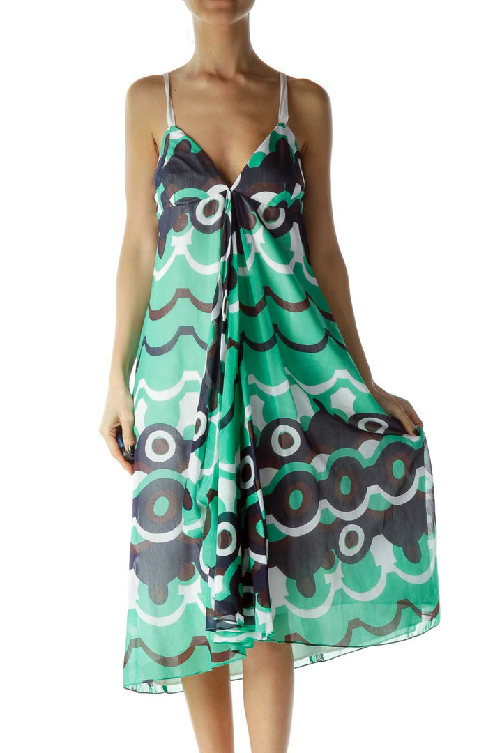 Green Blue Print Silk Day Dress