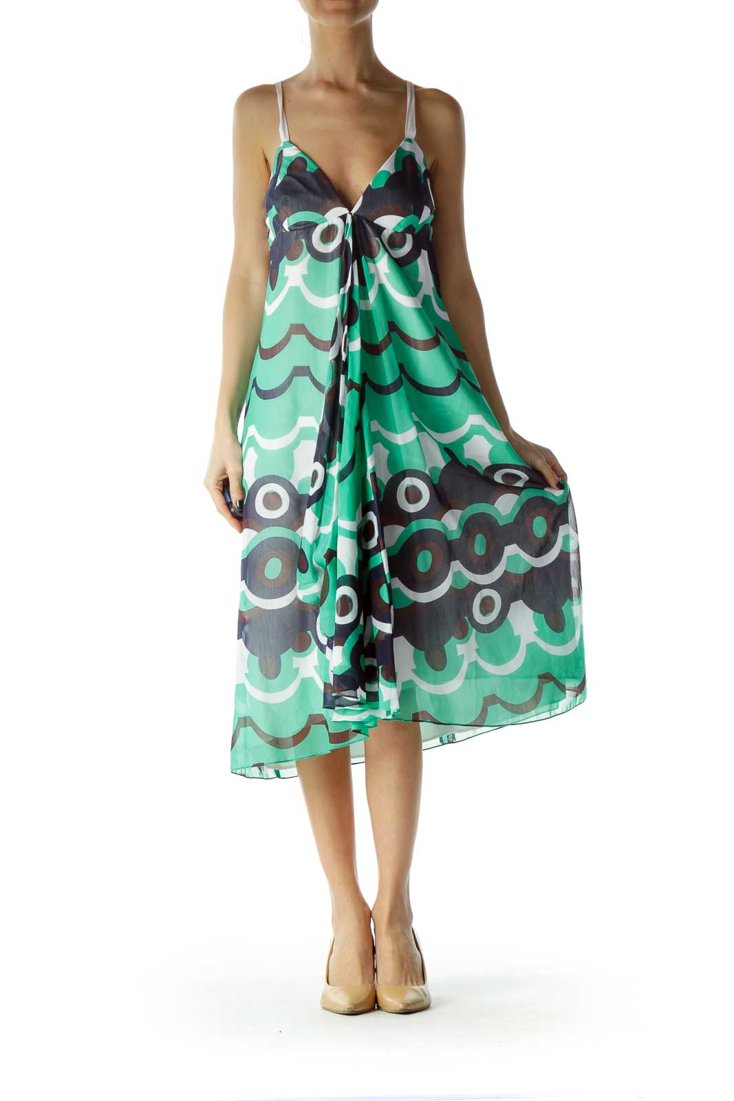 Green Blue Print Silk Day Dress