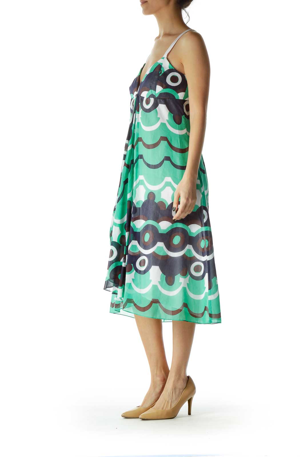 Green Blue Print Silk Day Dress