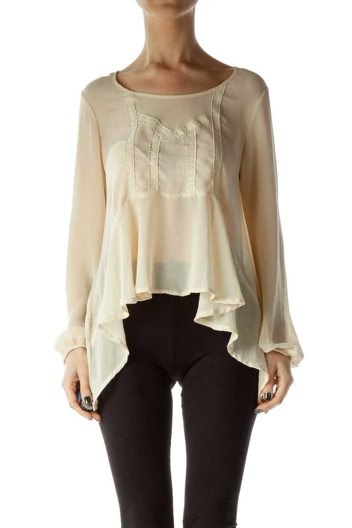 Beige Knit-Detail See-Through Flared Blouse