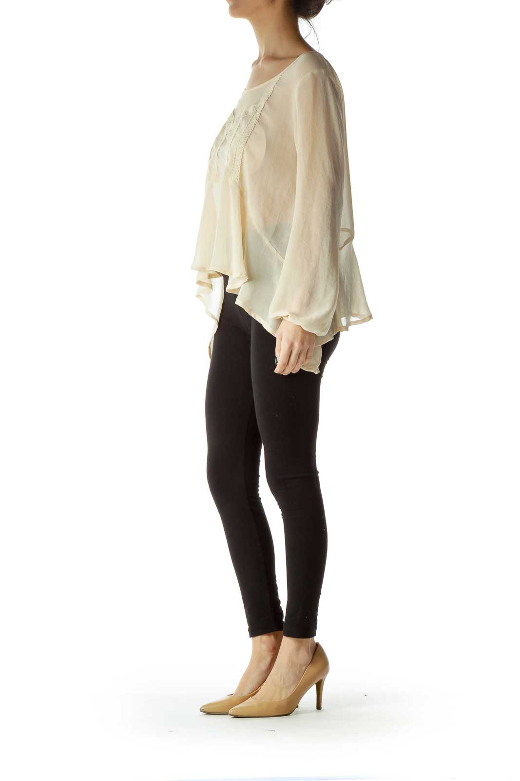 Beige Knit-Detail See-Through Flared Blouse