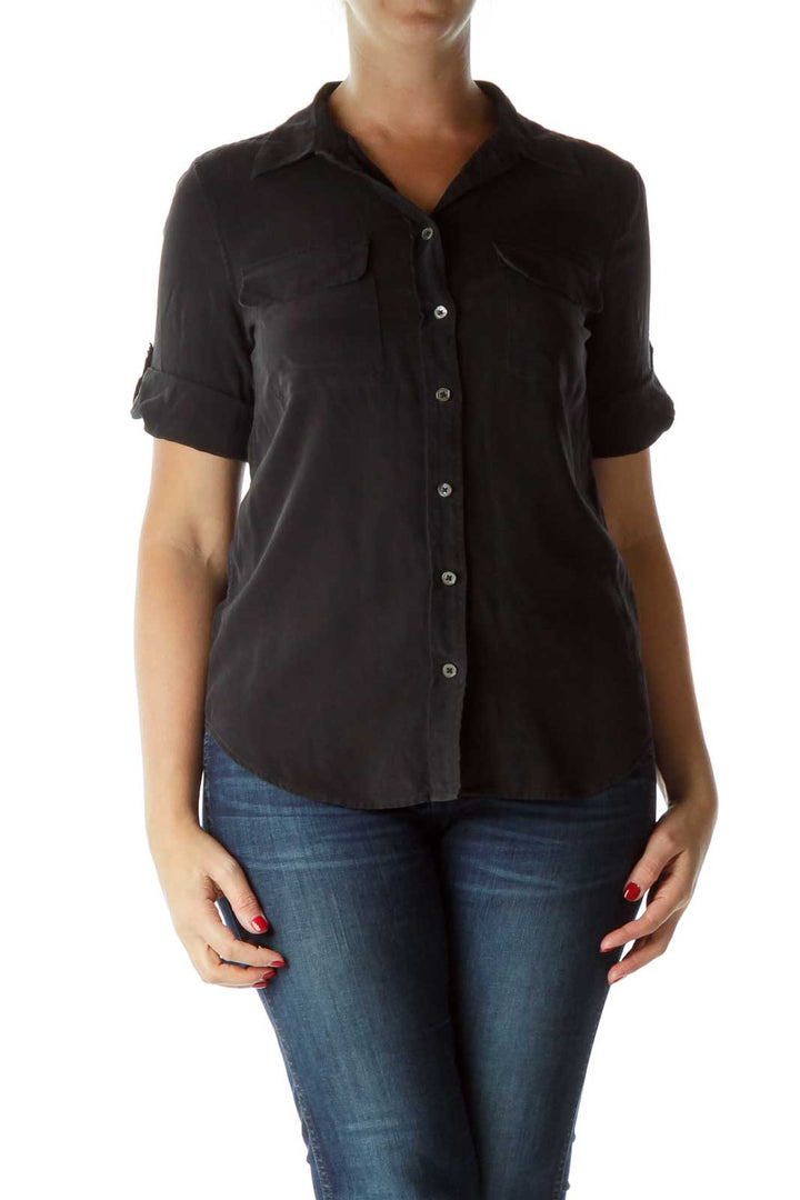 Black 100% Silk Buttoned Pocketed Shirt