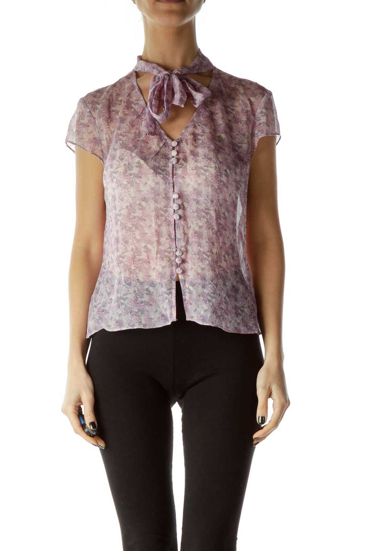 Purple Print Silk Sheer Blouse