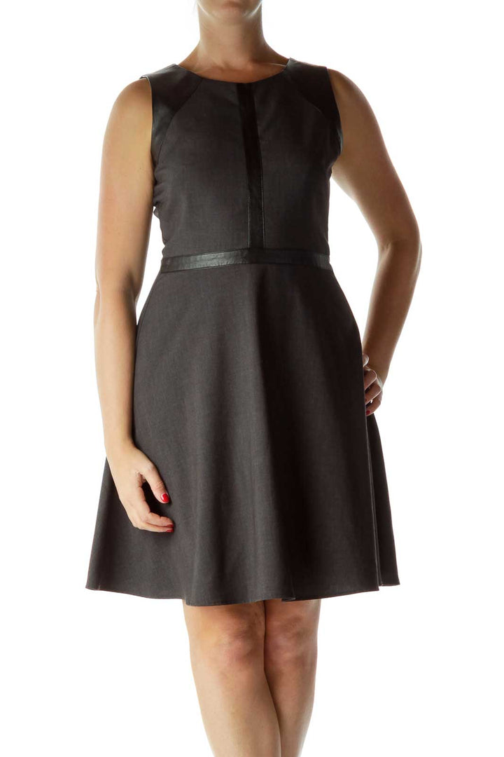 Gray Black Faux Leather Detail Work Dress