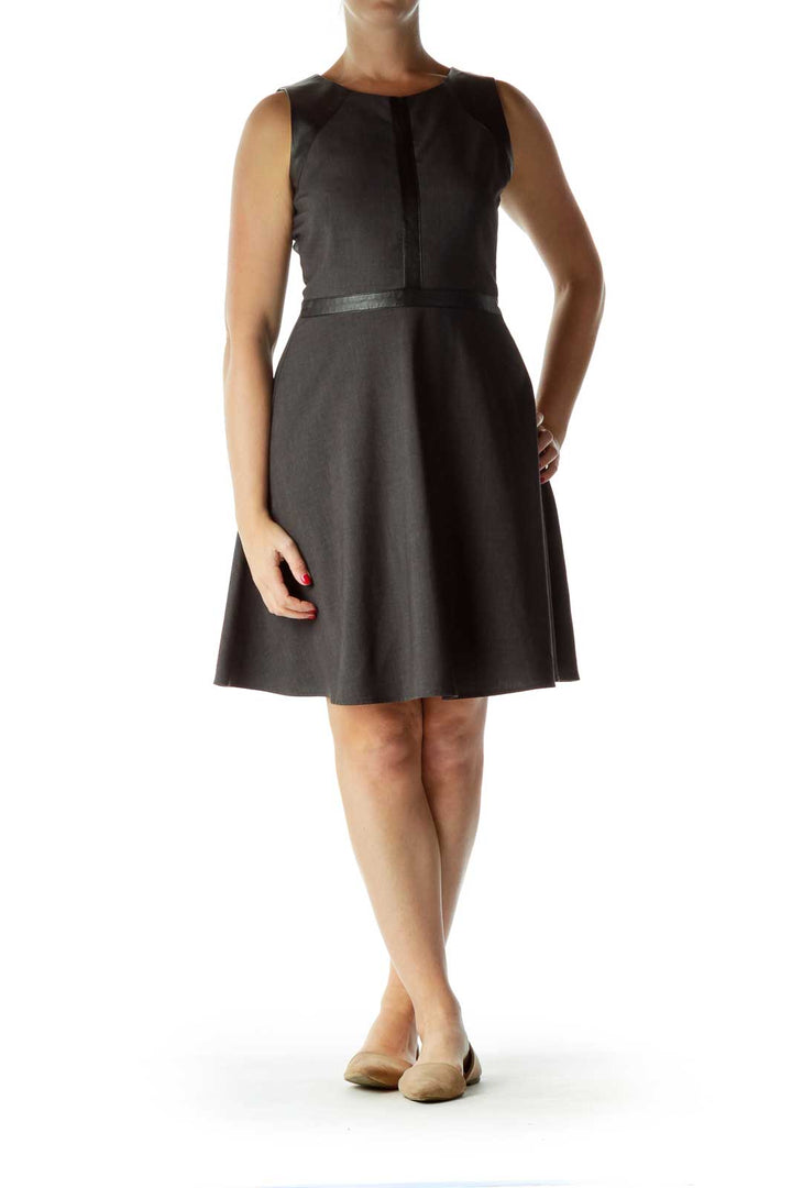 Gray Black Faux Leather Detail Work Dress