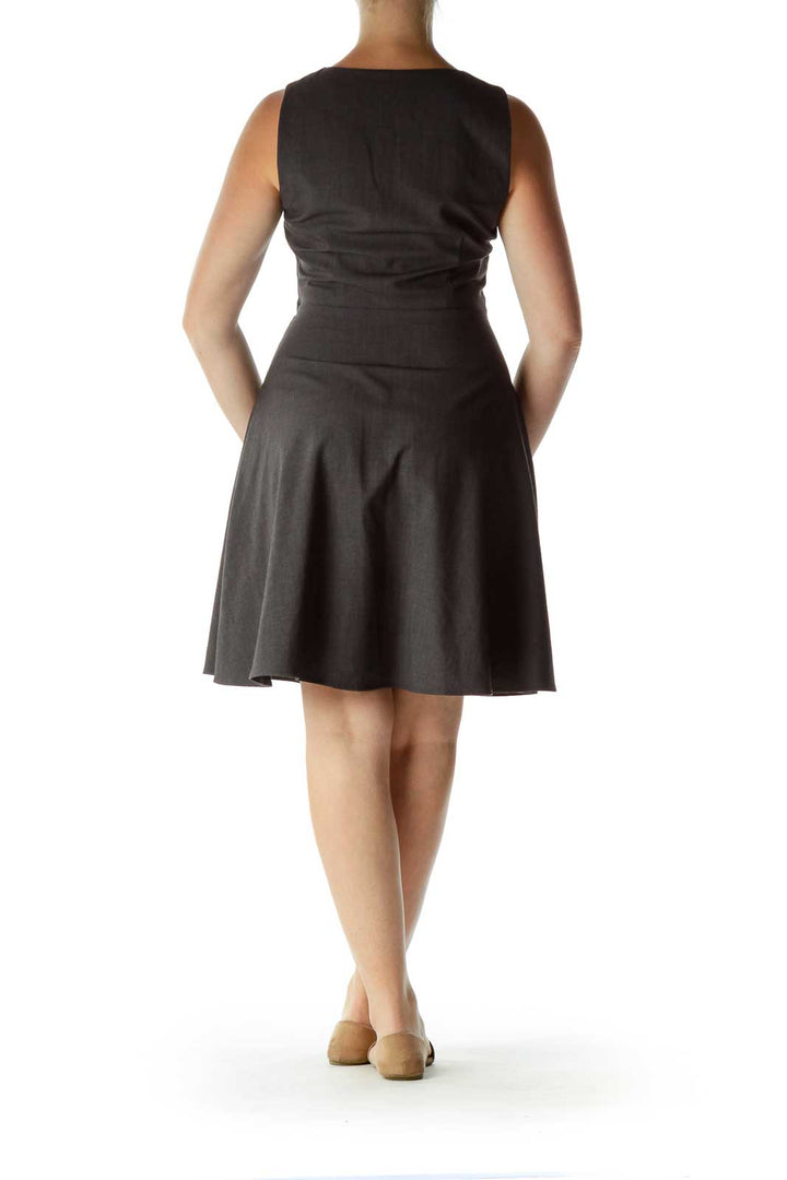 Gray Black Faux Leather Detail Work Dress