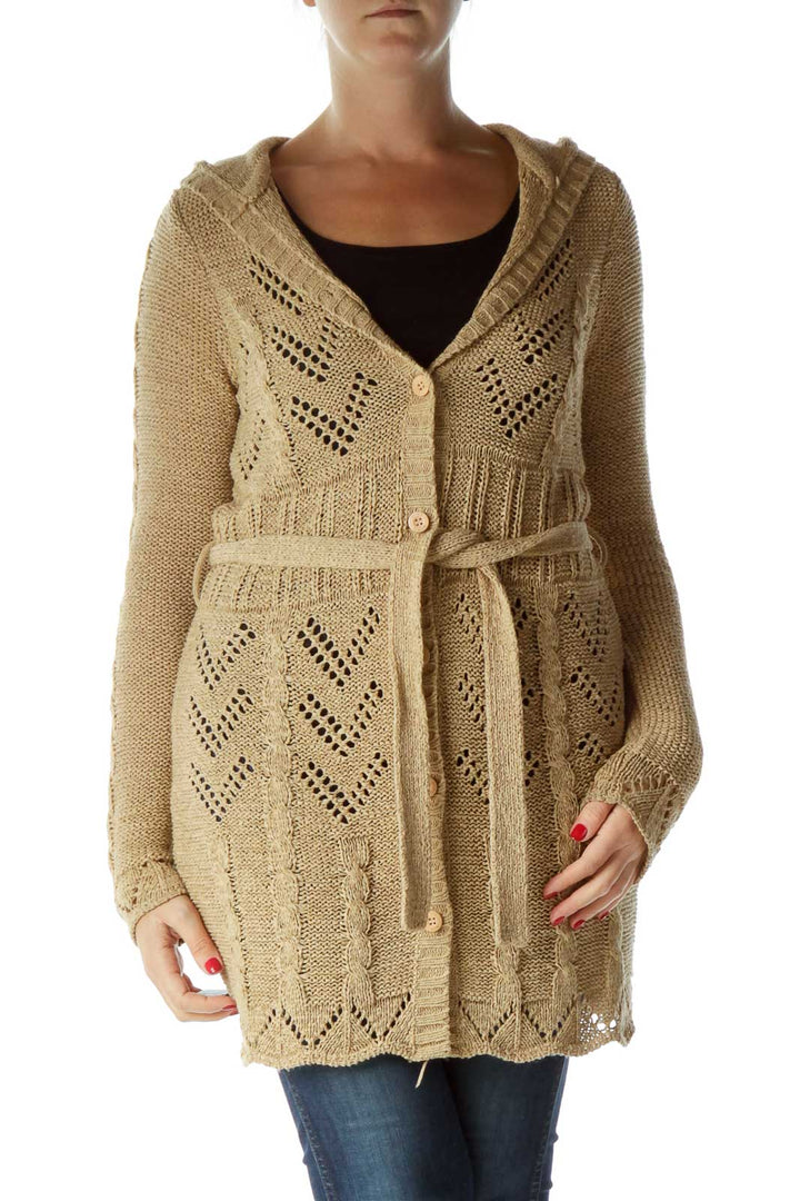 Beige Hooded Belted Knitted Long Sweater